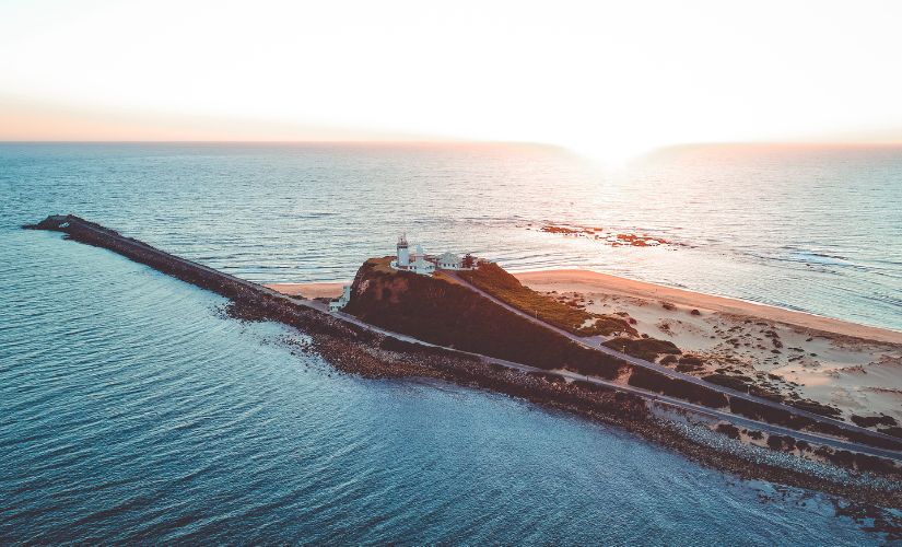 Nobbys Head and breakwall - image courtesy of Little Ruby Aerial view overlooking the harbour, Nobbys Head and breakwall - image courtesy of Little Ruby